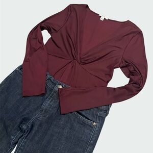 Bar III Deep Burgundy Long Sleeve Twist Front Snap Bodysuit Large Merlot Wine